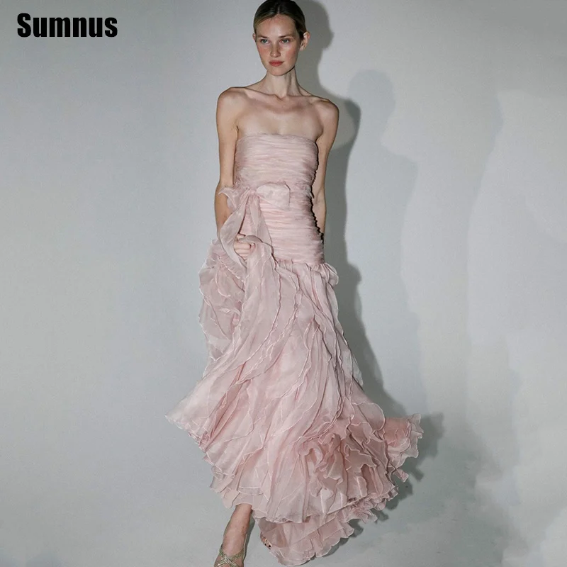 

Sumnus Flowy A-Line Prom Dresses Pink Chiffon Strapless Pleats Sleeveless Bows Midi Evening Dresses robes de soirée Customized