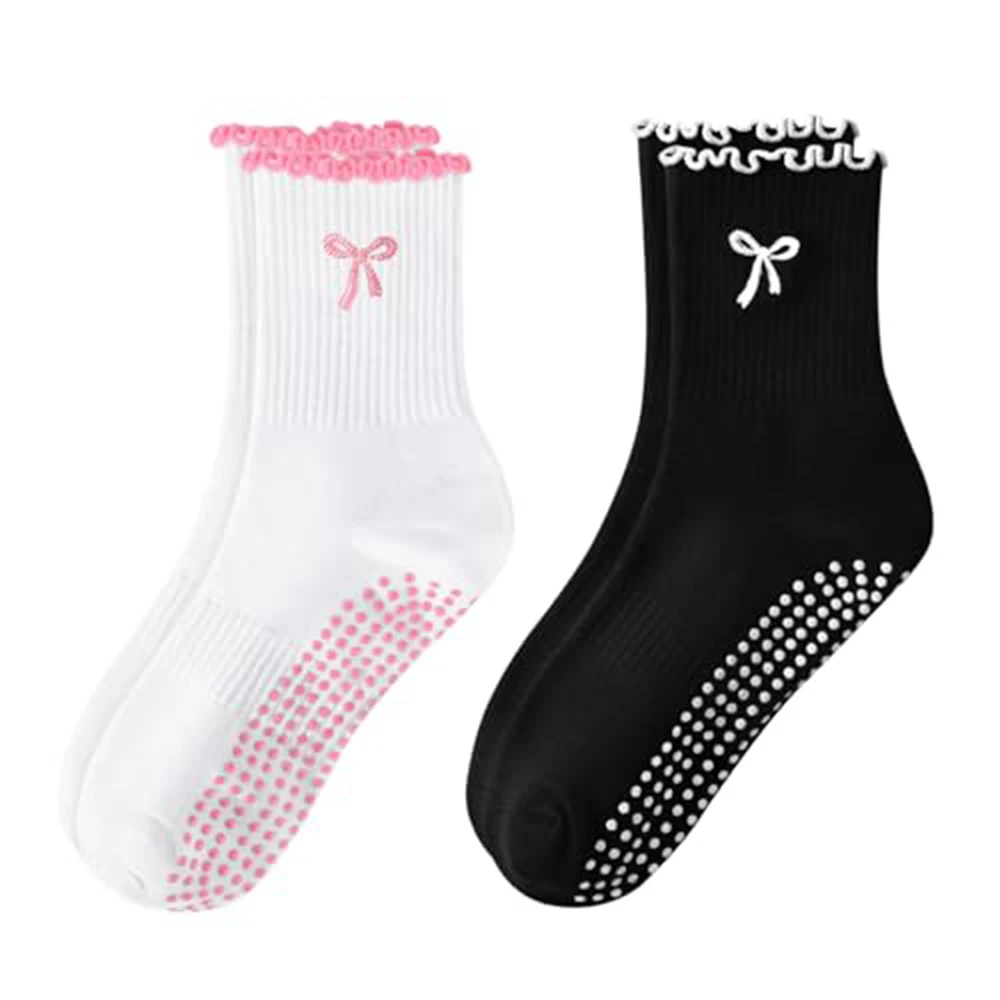 

2 pairs Non-Slip Grip Pilates Socks Cotton Breathable Yoga Socks High-elastic Sweat-absorbent Mid Tube Socks for Women