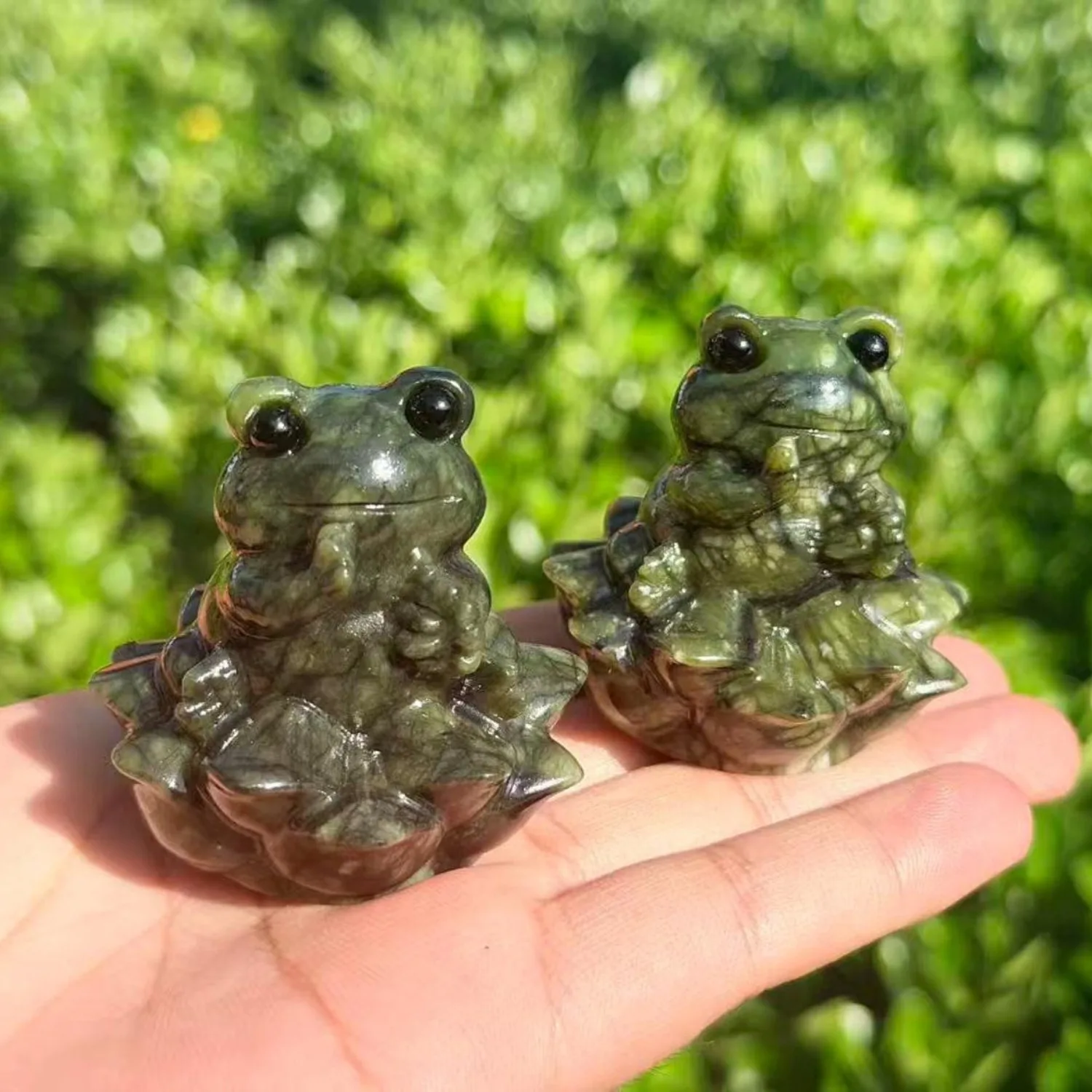 

Natural Serpentine Frog on Lotus Carving, Hand Polished Crystal Figurine, Healing Mineral Stone Home Decor Collection Gift