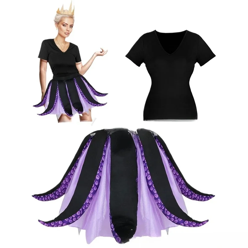 Disfraz de Pulpo para Mujer, Vestido de Ursula, Cosplay de Halloween, Bruja del Mar Negra y Púrpura, Manga Corta, Tentáculos, Disfraz de Fantasía