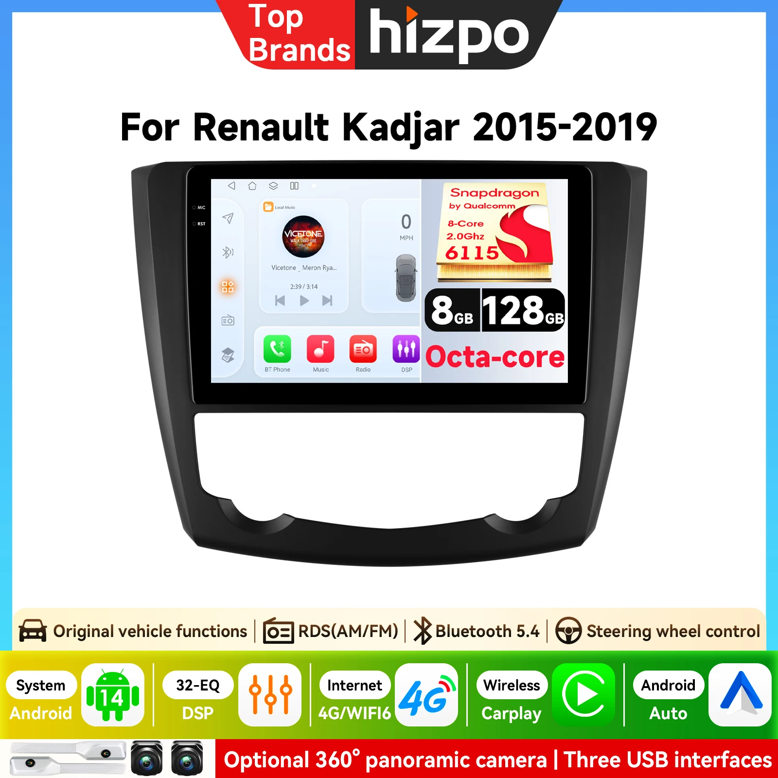 Android Intelligentes Autoradio für Renault Kadjar 2015 - 2019 Navigation GPS Multimedia-Videoplayer Stereo WLAN+4G Carplay Auto