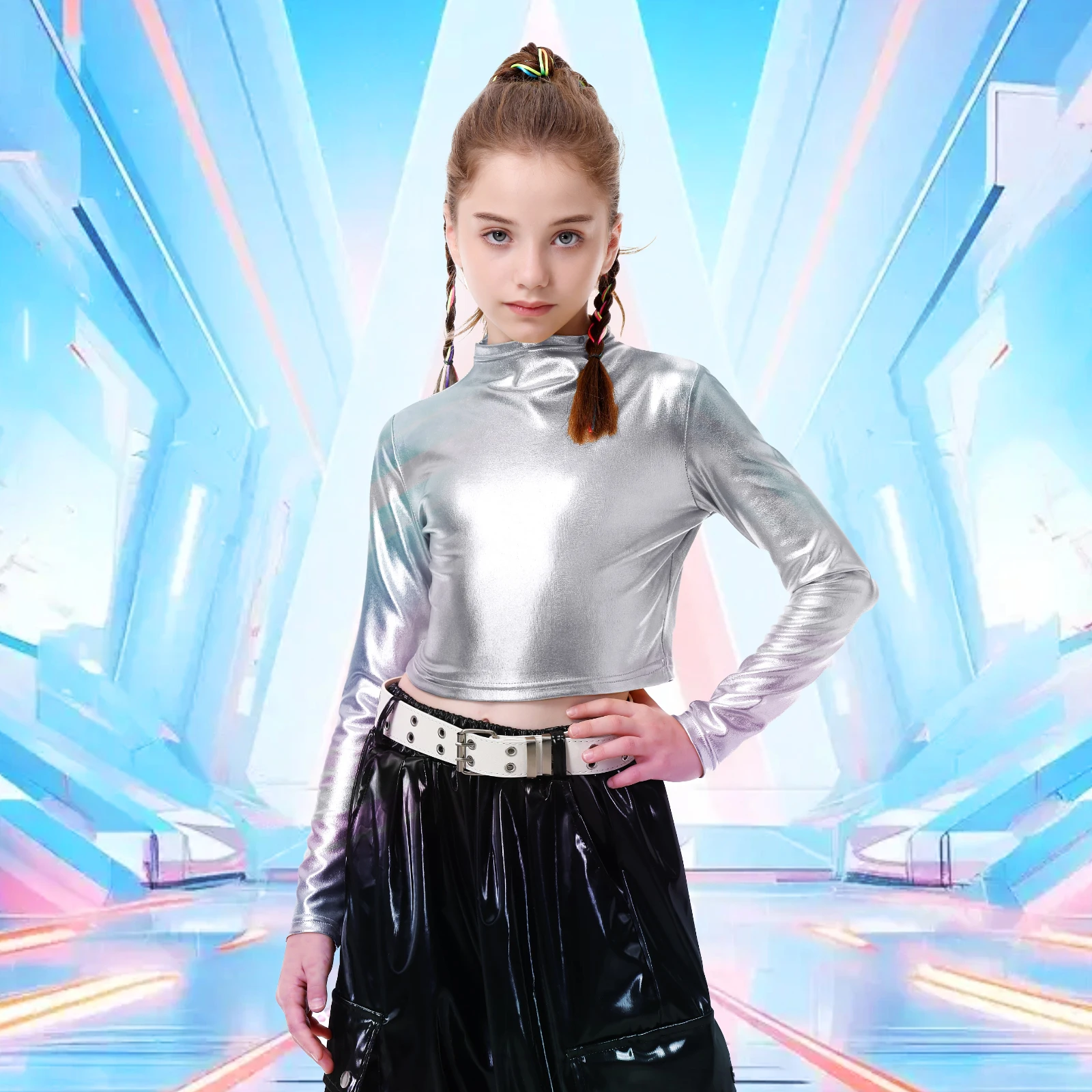 LOlanta Metallic Dance Tops for Girls Long Sleeve Cropped Top Shiny Hip Hop Party Holographic Shirt Dancewear 6-14Years view 5