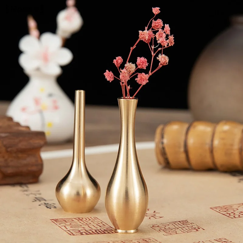 Mini florero de cobre puro con decoración dorada para sala de estar, florero antiguo, florero único para flores〔Nest〕
