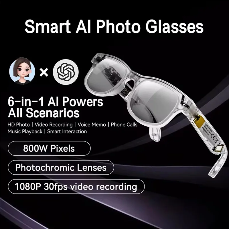 Smart AI Photo Glasses 800Wpixel HD Camera Photo Video Voice Translation Music Bluetooth Calling Smart Interaction Wearable