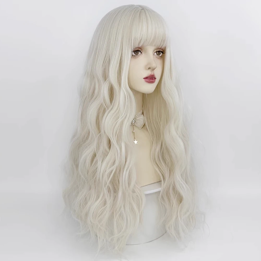 VICWIG White Long Wavy Curly Hairstyle Wig with Bangs Synthetic Women Natural Lolita Cosplay Hair Wig for Daily Party