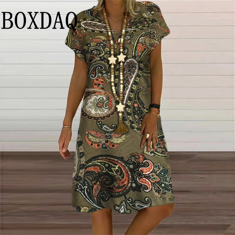 Women Ethnic Paisley Dresses Summer Retro Floral 3D Print Loose Midi Dress Plus Size Fashion V-Neck Short Sleeve Female Clothing