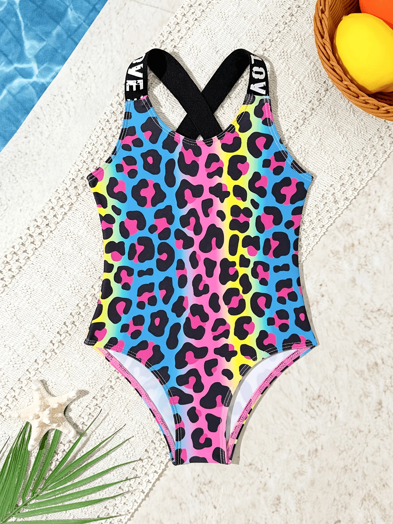 Girls' Summer Casual Swimsuit, One-Piece Rainbow Gradient Leopard Print Swimsuit with Cross-Strap Design, Non-Slip, Suitable for Girls Aged 4-12, for Beach and Pool