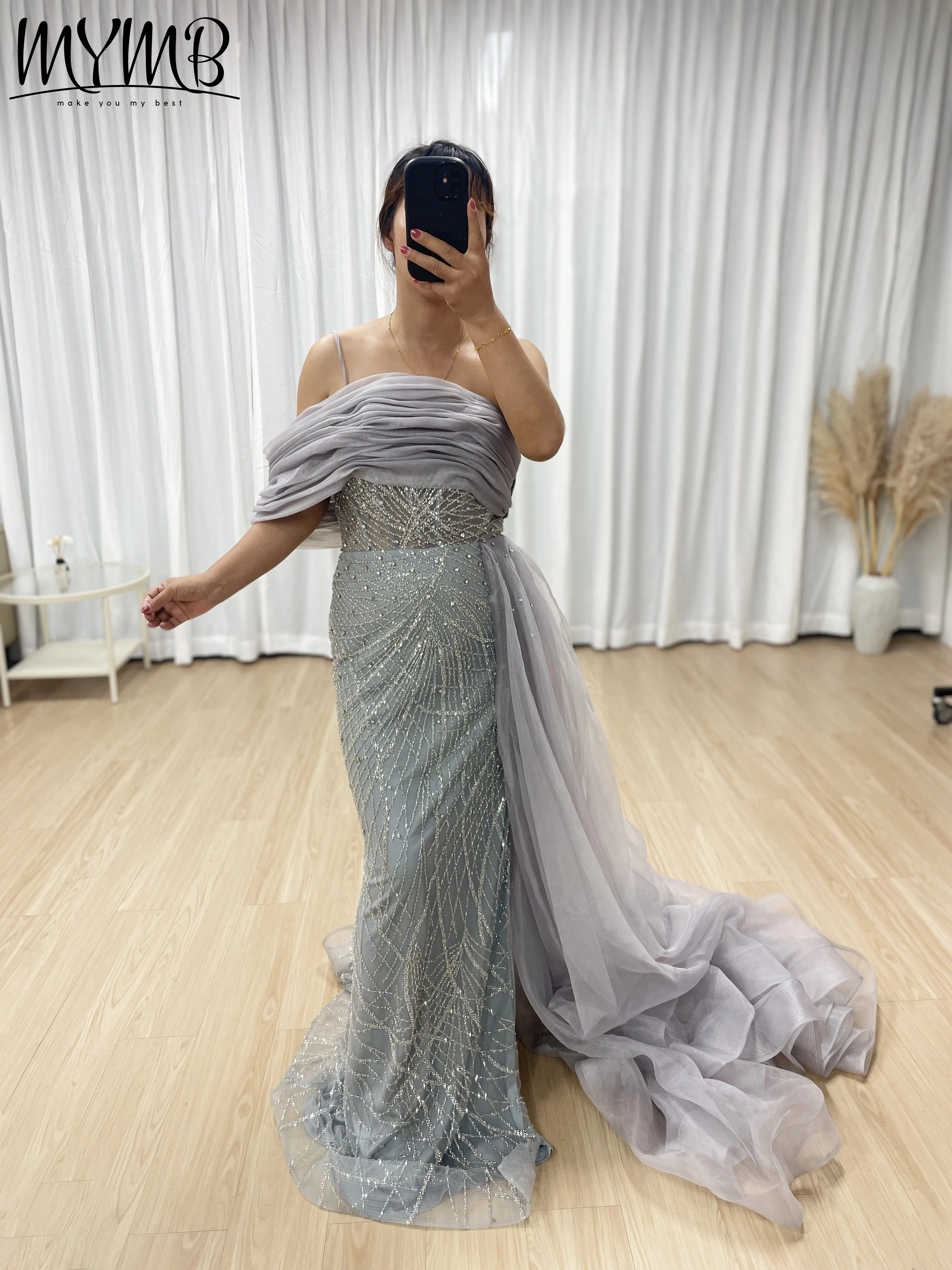 

MYMB GREY Sequin Mermaid Spaghetti straps Evening Dress with Sheer Overskirt Train for Formal Occasions Prom Events new MB40373