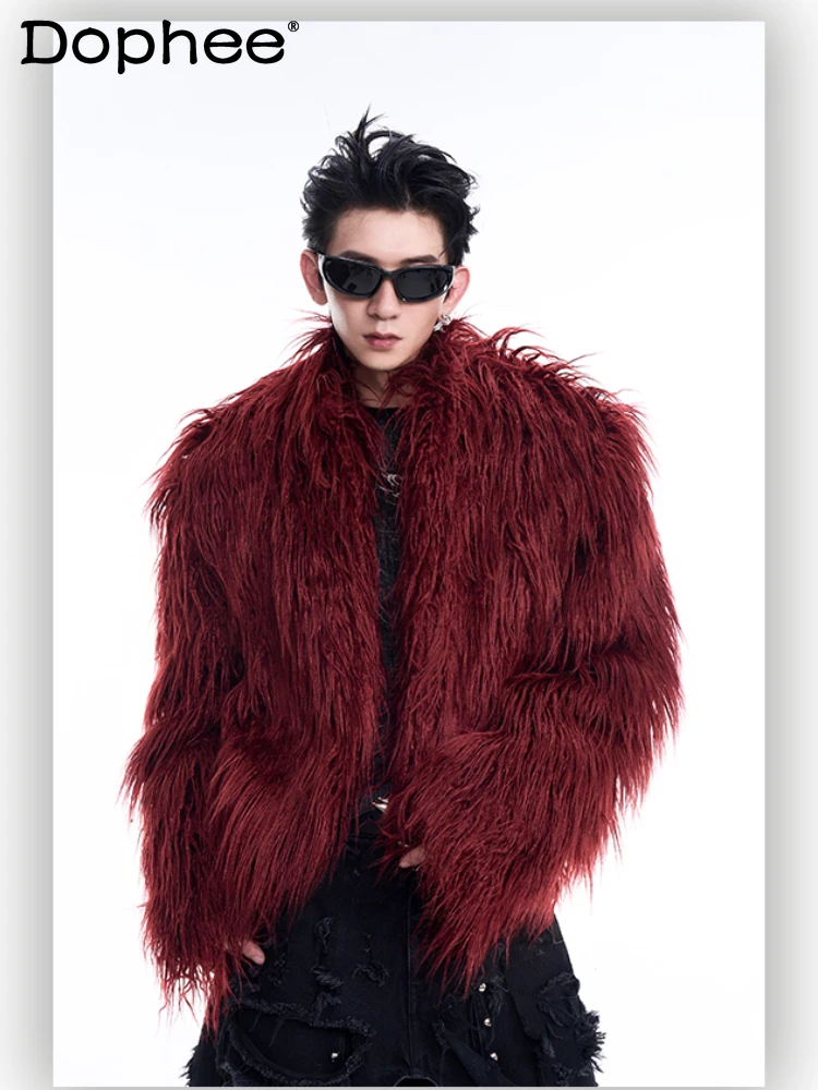 

Trendy Men's Solid Color Fluffy Short Imitation Fur Coats Men's 2024 Autumn Winter New Faux Fur Long-sleeve Imitation Mink Coats