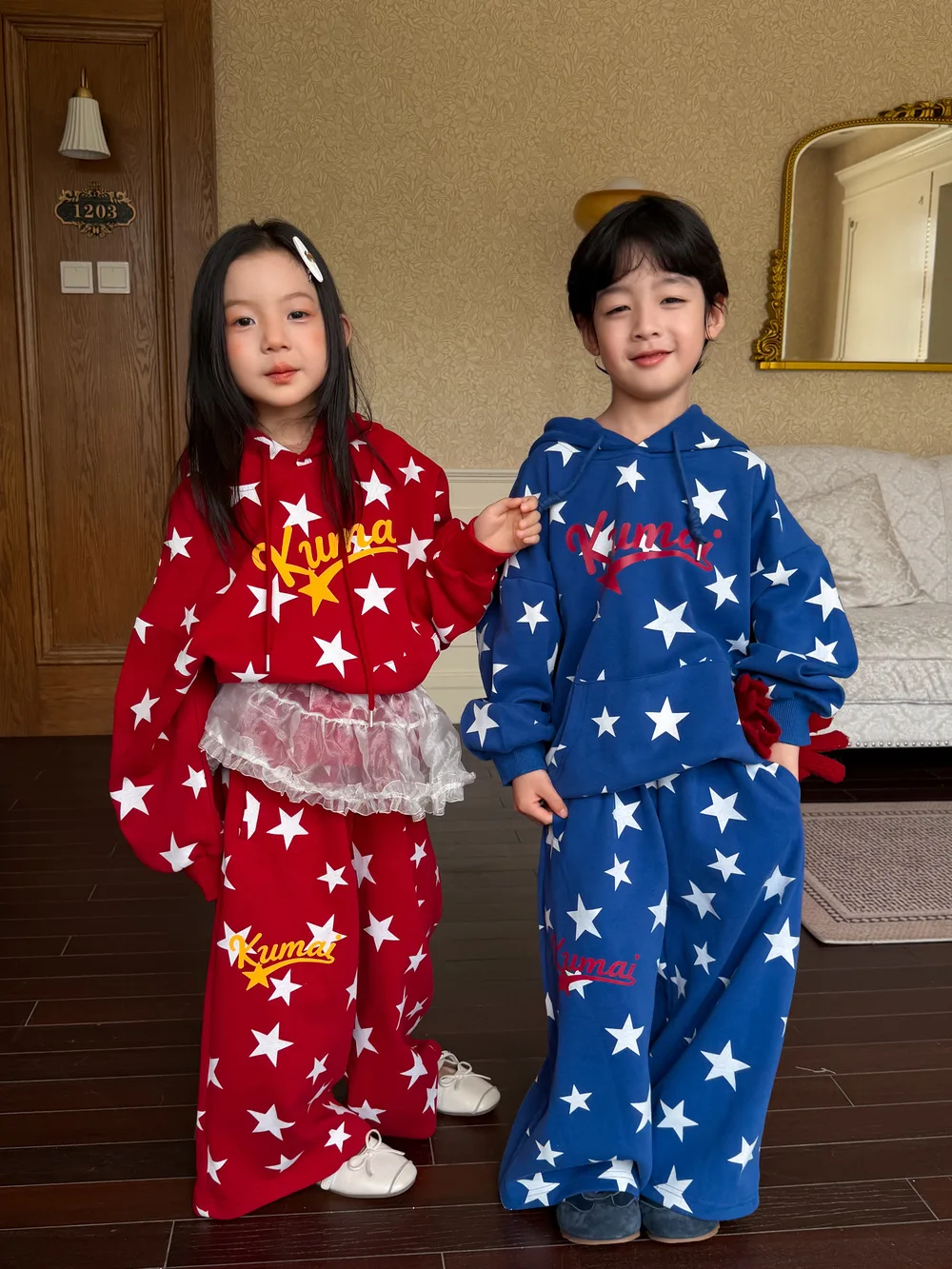 4968 Children's Suit   Autumn New Korean Full Printed Boy's Sweater Suit Casual Hooded  Top+Pant Girl's Two-piece Suit