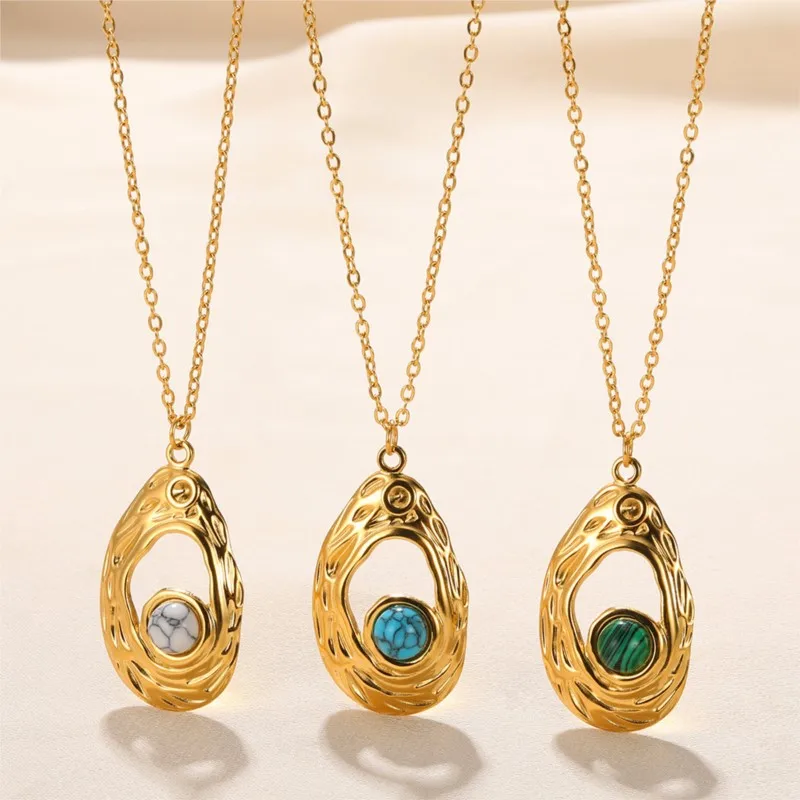 ANENJERY 316L Stainless Irregular Turquoise Geometric Pendant Necklace for Women Fashion Necklace Party Jewelry Accessory