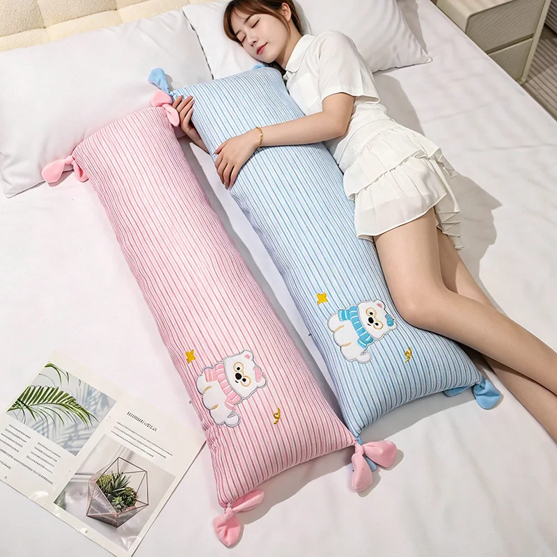 Striped Bear Body Pillow Pink Blue Styles 105x35cm Long Plush Cushion with Tassel Ends for Bed Rest Cuddle Comfort Gift