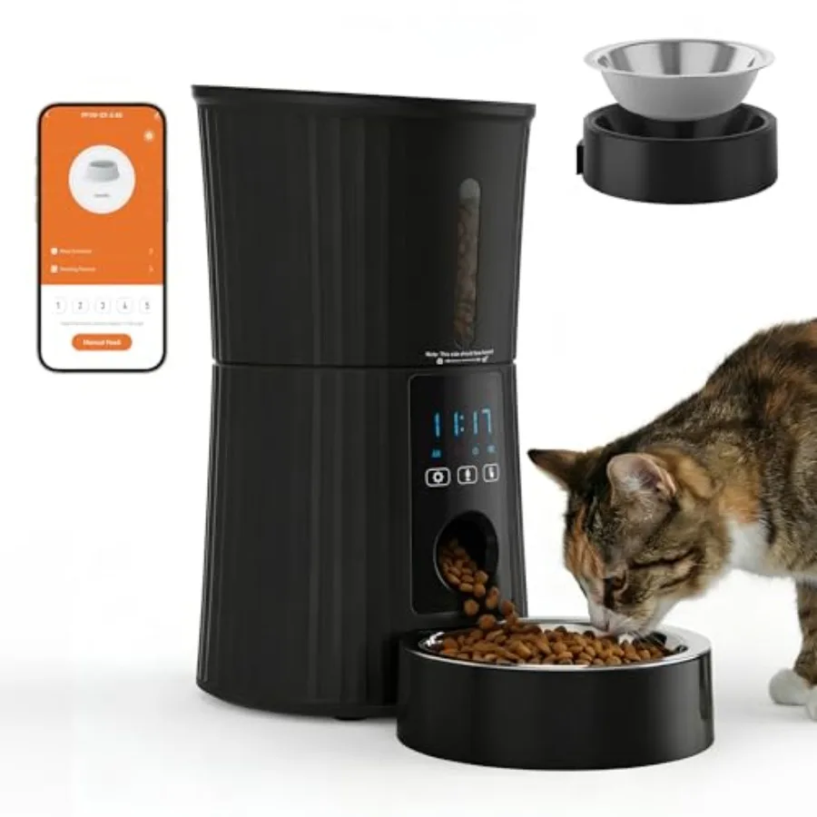 

Indoor automatic cat feeder for small cats and dogs ABS plastic black 4L capacity with APP control 10s voice recording dual pow