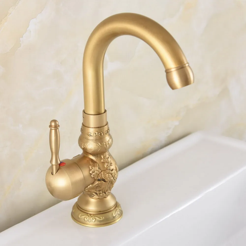 

Deck Mounted Carved Flower Antique Brass Swivel Spout Kitchen Bathroom Basin Sink Hot Cold Mixer Tap Faucet One Hole mnf723