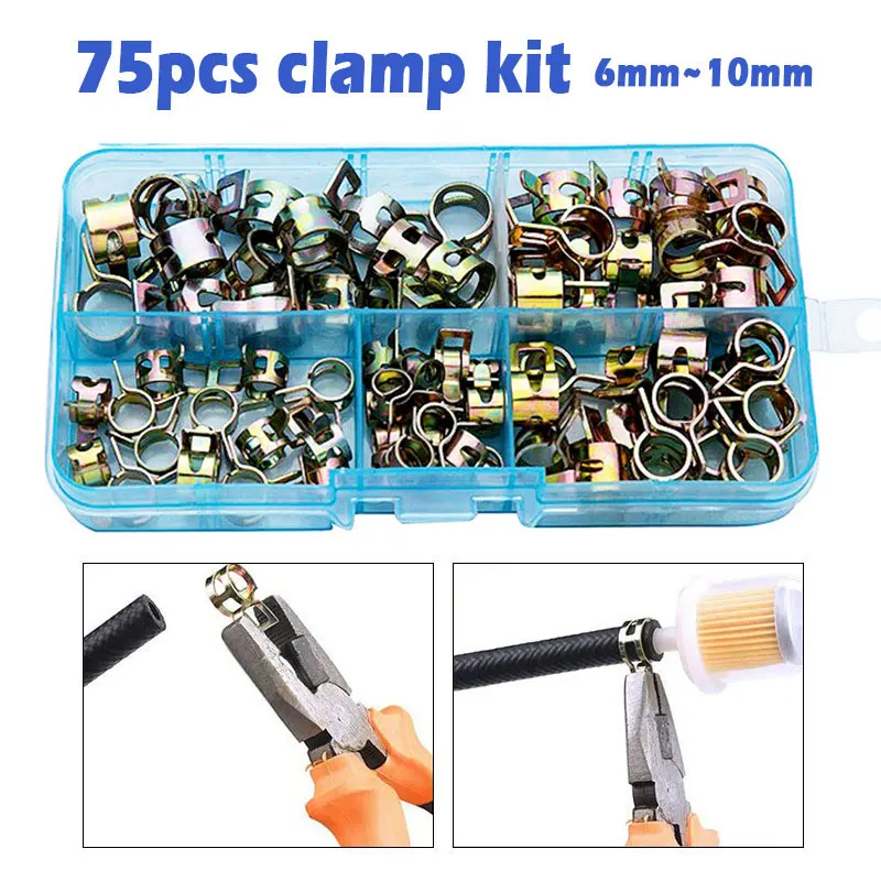 75Pcs Fuel Silicone Vacuum Hose Spring Band Type Action Metal Pipe Tube Clamp Low Pressure Air Clip Clamping Collar Kit 6mm~10mm