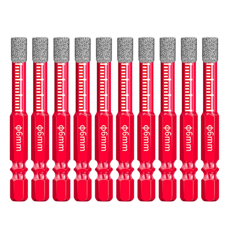 

Набор из 10 алмазных коронок (10 шт.) с шестигранным хвостовиком 6 мм для сухого сверления керамической плитки, мрамора, гранита, керамогранита.