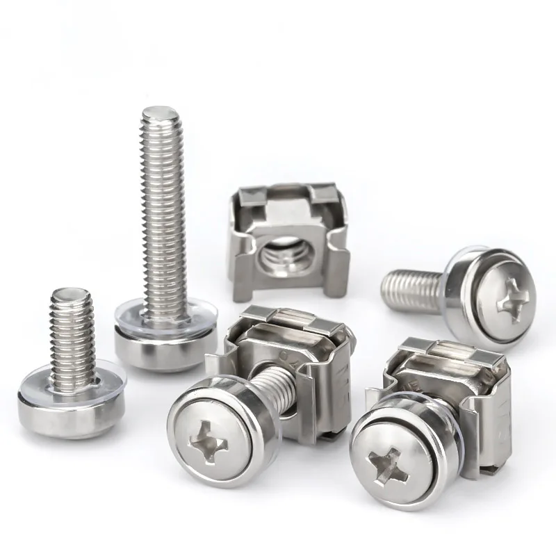 Weiyi M5 M6 SUS304 Stainless Steel Square Elastic Rack Mount Server Cabinet Shelf Clip Floating Cage Nut Screw Combination Sets