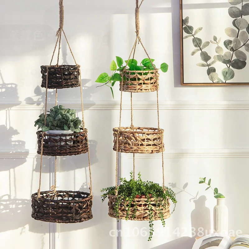 

Handcrafted Three-Layer Straw round Gourd Hanging Basket Flower Pot Hollow Design for Balcony Garden Dark Coffee Color