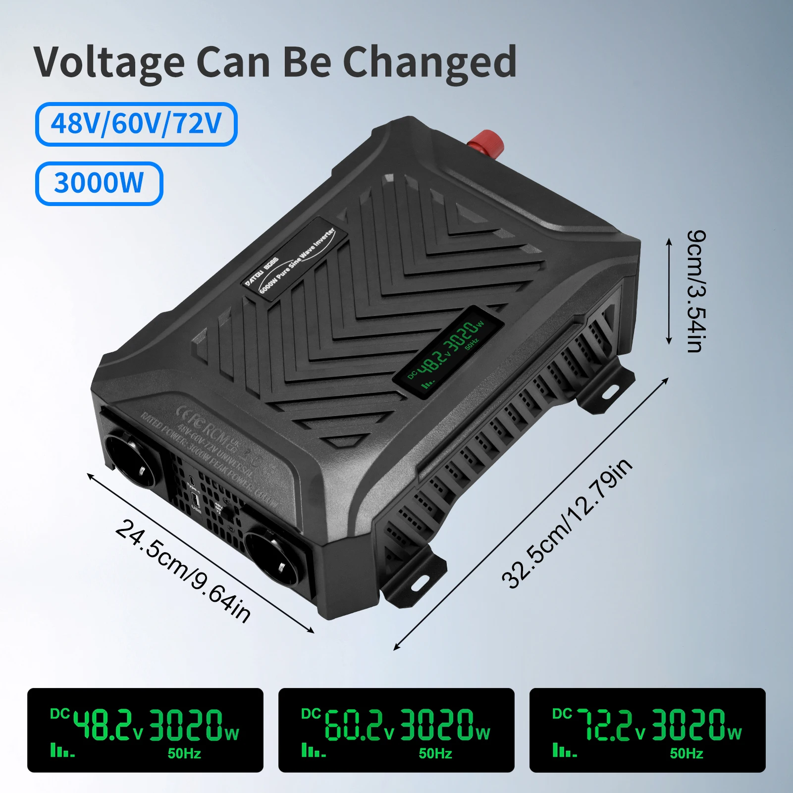 DATOUBOSS 48V 60V 72V Drievoudige Spanningsomvormer Continue Stroom 3000W Instelbare Frequentie 50Hz/60Hz Zuivere Sinusgolf Auto-omvormer