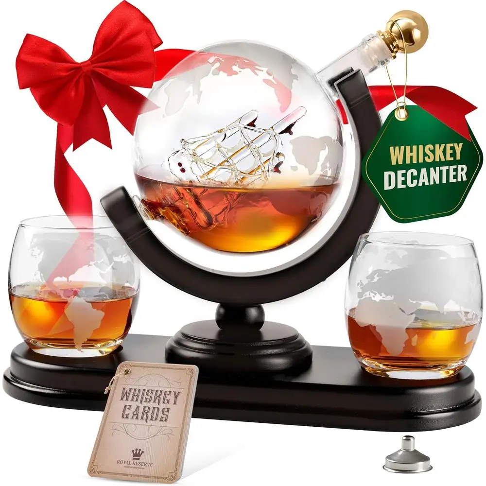

World Map Etched Whiskey Globe Decanter Set - 850ml for Bourbon & Liquor Gifts