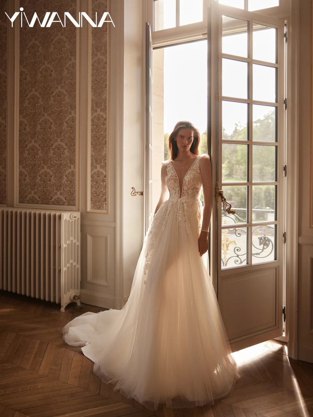 

Dreamy Beaded 3D Flower A-line Lace Wedding Dress Illusion Deep V-neck Bridal Gown Customized Long Sleeve Dresses For Bride