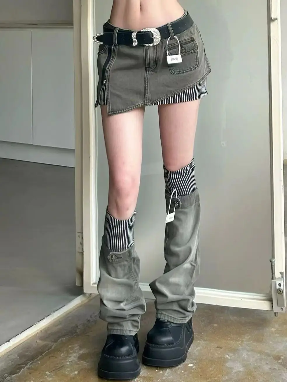 

Retro pattern splicing denim suit skirt short skirt leg cover 2025