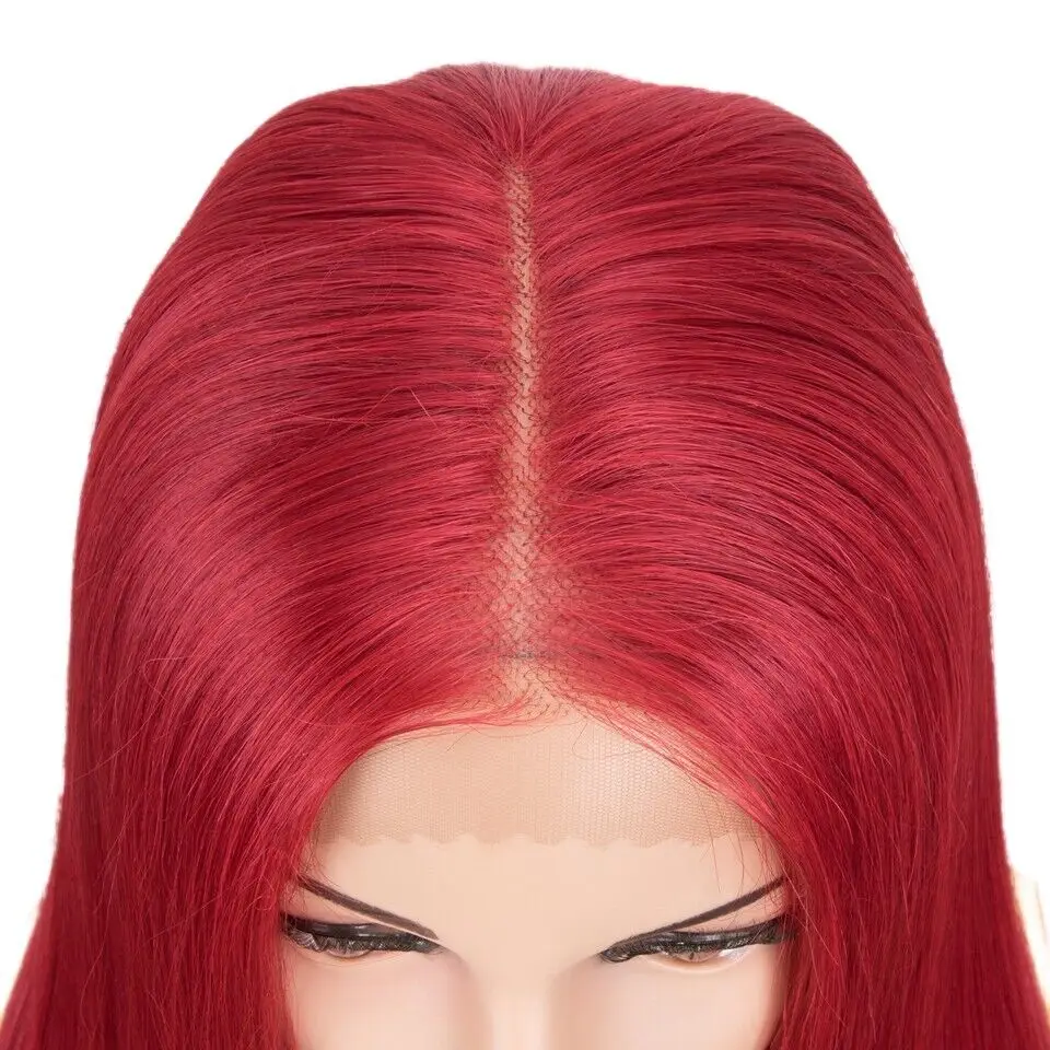 Glueless T Lace Front Perucas, Vermelho Natural Straight, Resistente ao calor, Cabelo sintético