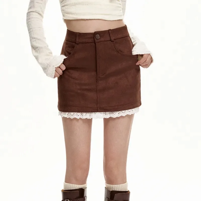 Multi Color Suede Texture Mini Skirts Women High Rise Solid A-Line Underlayer White Lace Ruffle Hem Casual Bag Hip Short Skirts