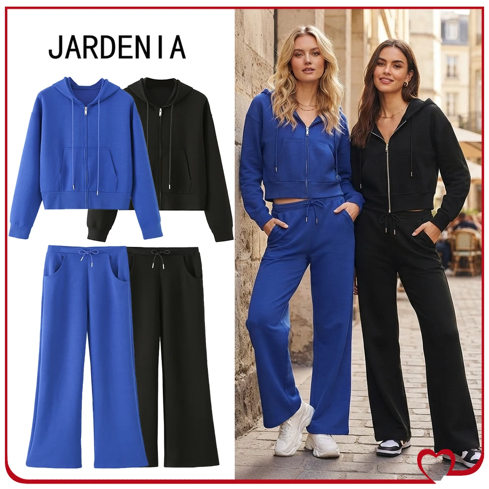 Classic Sports Pant Sets for Women Solid Tracksuits Interlock Hooded Sweatshirts Matching Tonal Mid-rise Drawstring Flared Pants