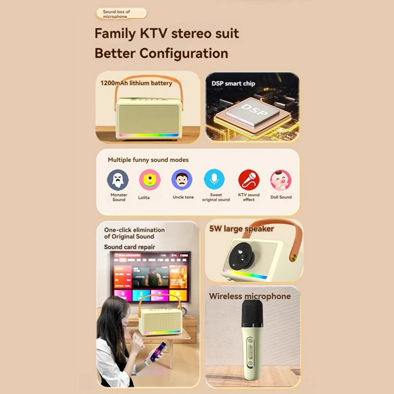 HFES Караоке-машина для детей и взрослых Мини-портативный Bluetooth-динамик для караоке с беспроводным микрофоном Светодиодная подсветка для банкета