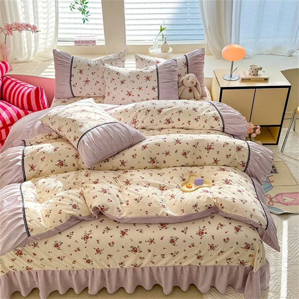 

Korean Comforter Bedding Set Washed Cotton Bed Four-Piece Set Princess Printed Soft Bed Linen Duvet Cover Set Floral Quilt Cover