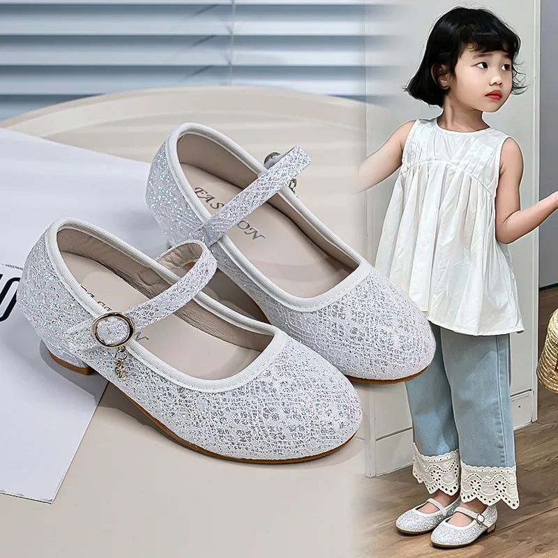 Toddler Girls Glitter Mary‑Jane Shoes Adjustable Buckle Low Heel Children Party Princess Dress Shoes