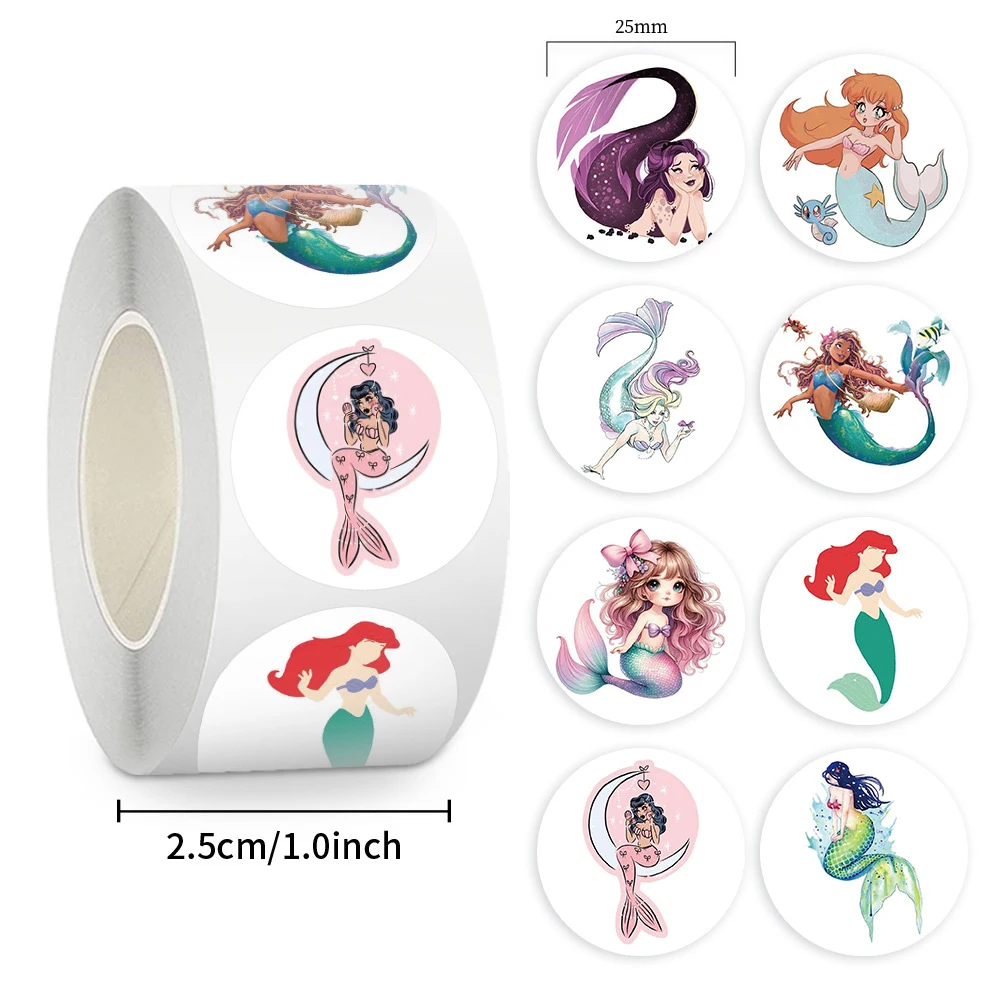 

500pcs/roll Cute Disney Anime Mermaid Stickers Kid Reward Sticker Gift Toy DIY Phone Notebook Cartoon Sealing Decals Decoration