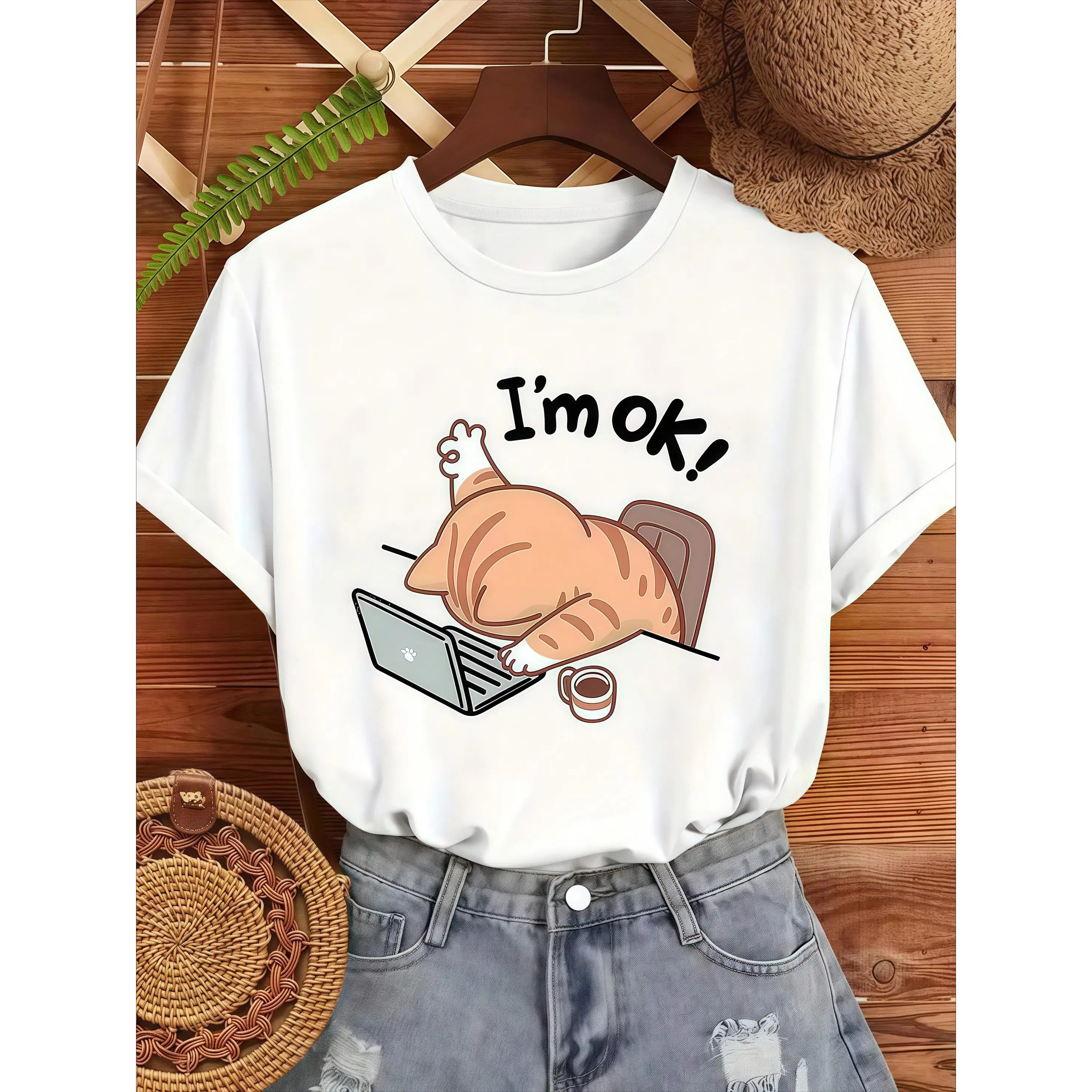 

Women's Funny Cat T-Shirt "I'm OK!" Working From Home Humor Tee Exhausted Pet Lover Graphic Top Student Gift