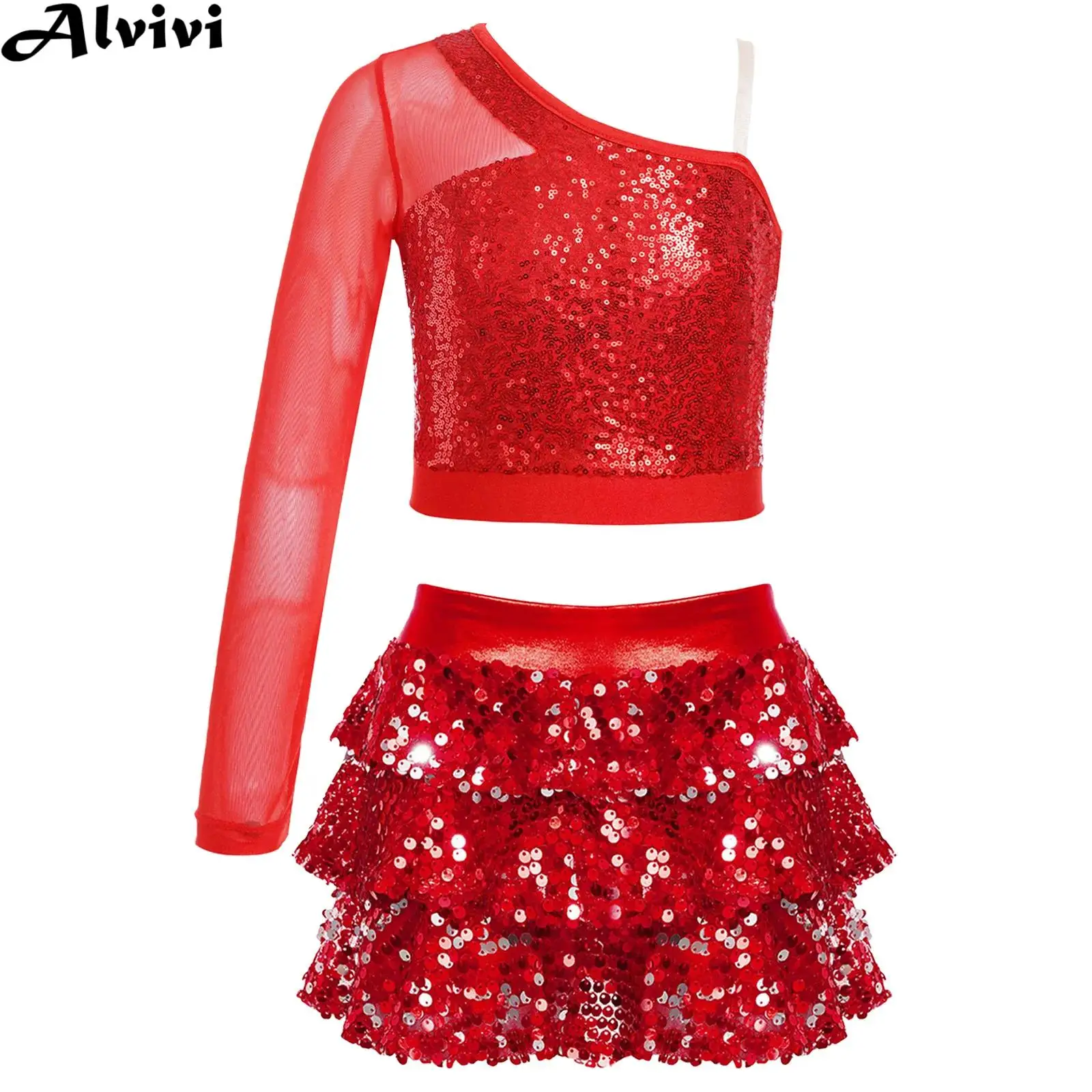 Kids Girls Jazz Dance Cheerleading Stage Performance Costume One Shoulder Shiny Sequin Crop Top with Skirt for School Party