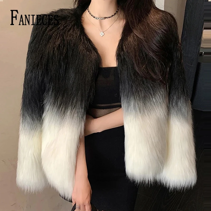 FANIECES Fashion Gradient Faux Fox Fur Coat Cardigan Winter Tops Outerwear Long Sleeve O Neck Fluffy Luxury Feather Jacket 코트