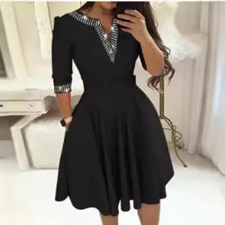

Autumn Summer Elegant Women Diamond Bodycon Dress Belt Summer Party Dresses Black V Neck Long Sleeve Casual Loose Dress