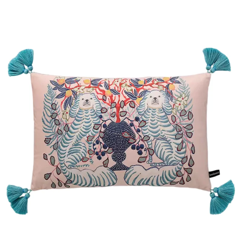Decorative Velvet Pillow Covers, Chinese Pillowcases, Dog with Vase, Double Sides, Asian Lady Royal Court, 12x20 Inch