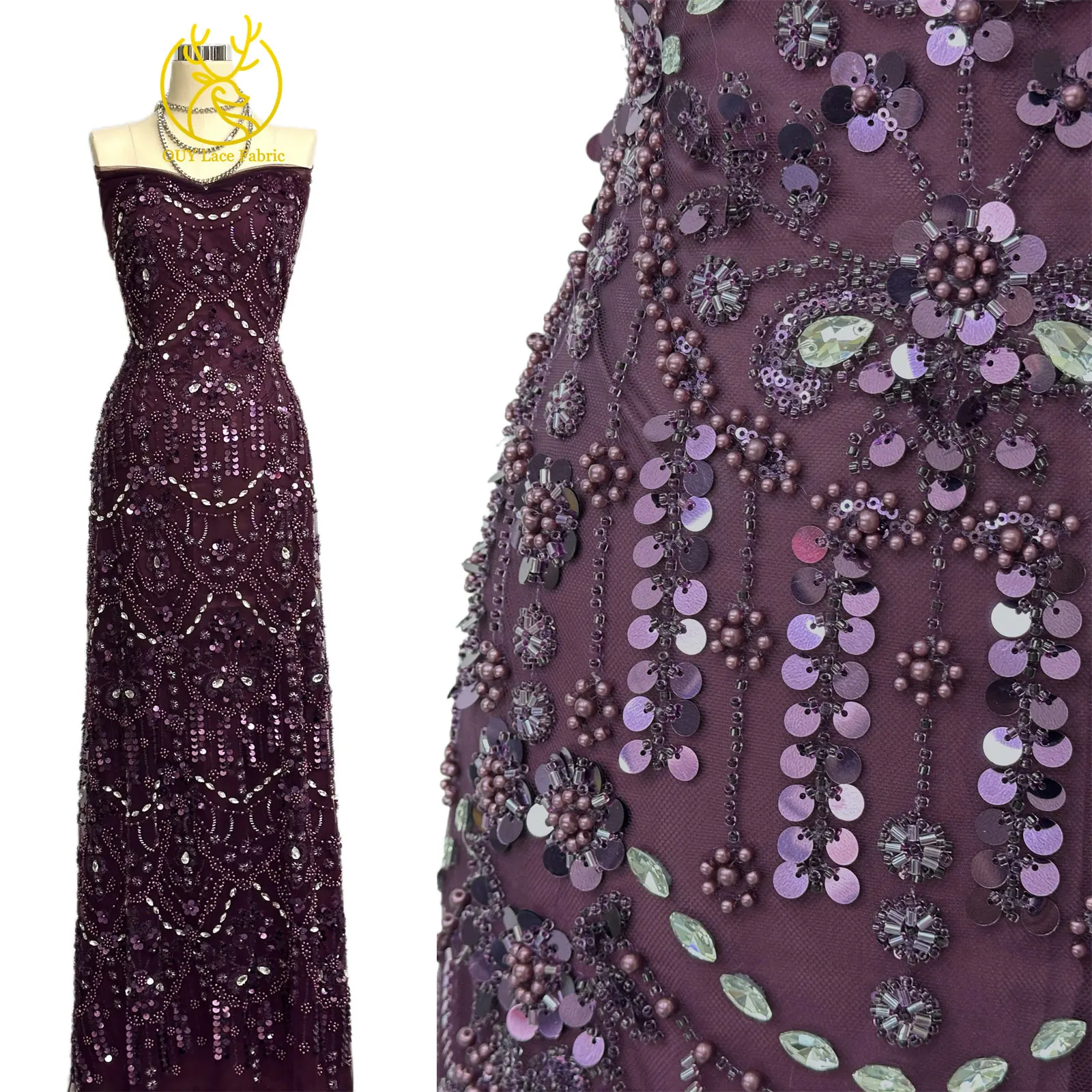 Afrikanischer Spitzenstoff in Traubenlila, französische Pailletten, bestickte Spitze, glitzernde Strass-Spitze für Brautkleider zum Nähen – Detail 4
