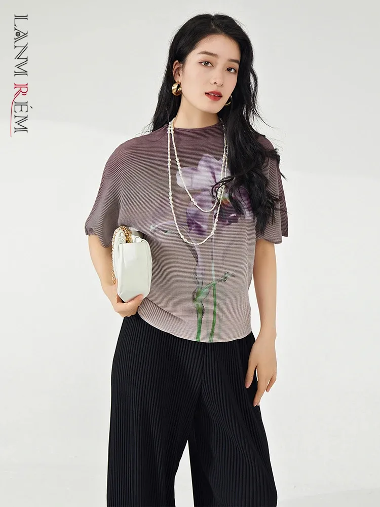 

LANMREM Printing Pleated T-shirt For Women Batwing Sleeve Stand Collar Gradient Casual Tops 2024 Summer New Clothing 2Z1377