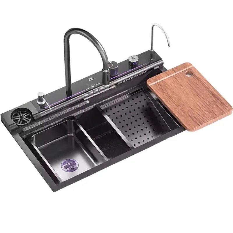 

LED Digital Display Smart Waterfall Kitchen Sink Luxury 201/304 Stainless Steel Single Bowl Sink with Four Holes