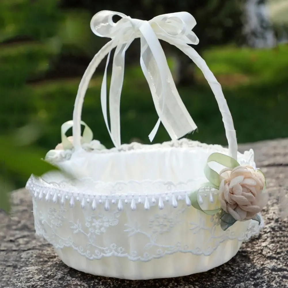 Spitze Hochzeit Blumenkorb Band Schleife Perlengriff Satin Schleife Hanbag Süßigkeiten Behälter Einkaufstasche Hochzeit Party Dekorationen