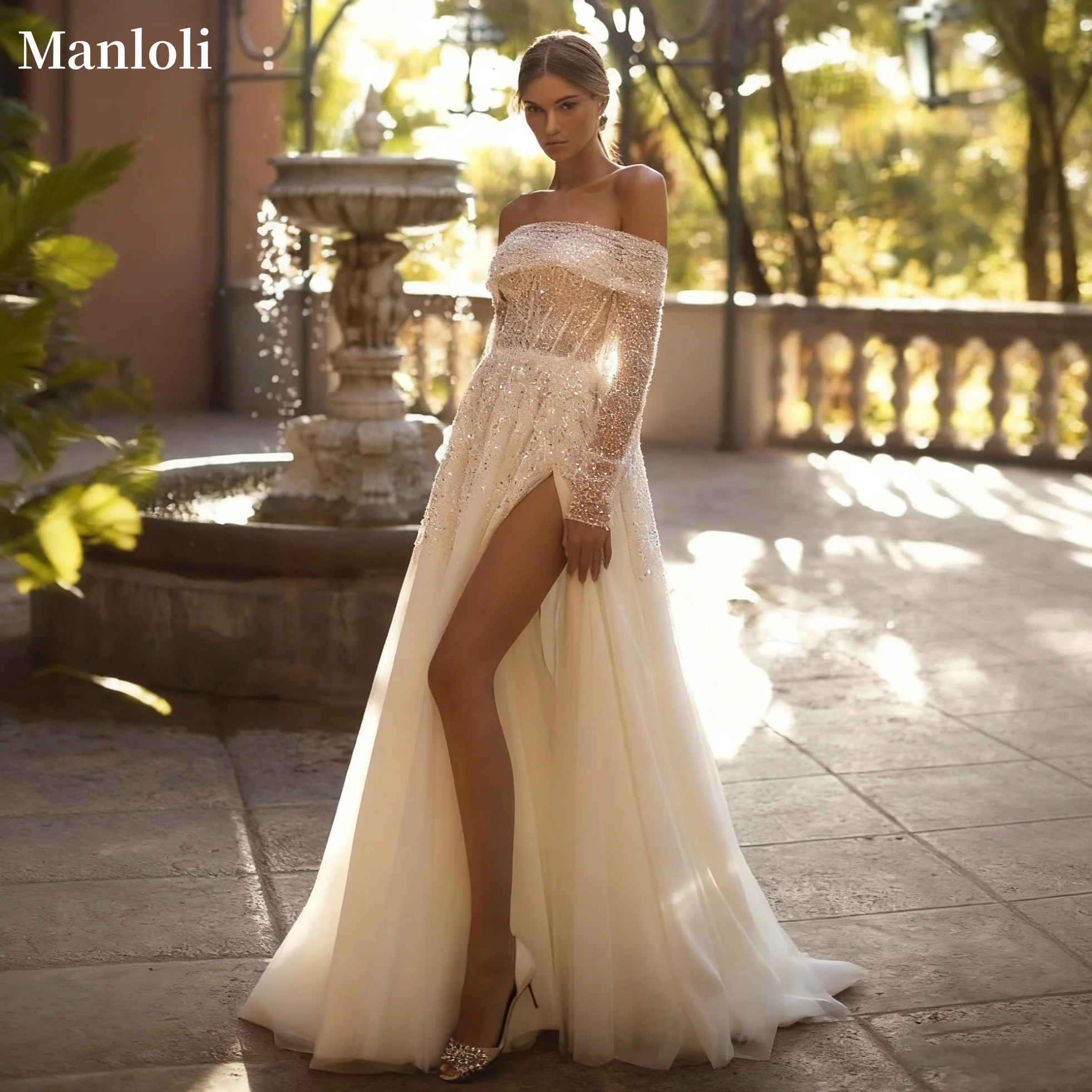 Robe de mariée élégante en Tulle, épaules dénudées, paillettes, taille haute, manches longues, traîne scintillante, personnalisée