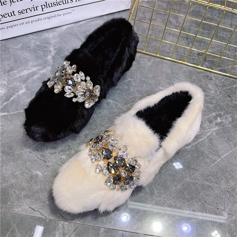 Black Mink Fur Women Loafers Casual Thick Sole Moccasins Crystal Winter Warm Snow Shoes Furry Fur Espadrilles Flats Creepers