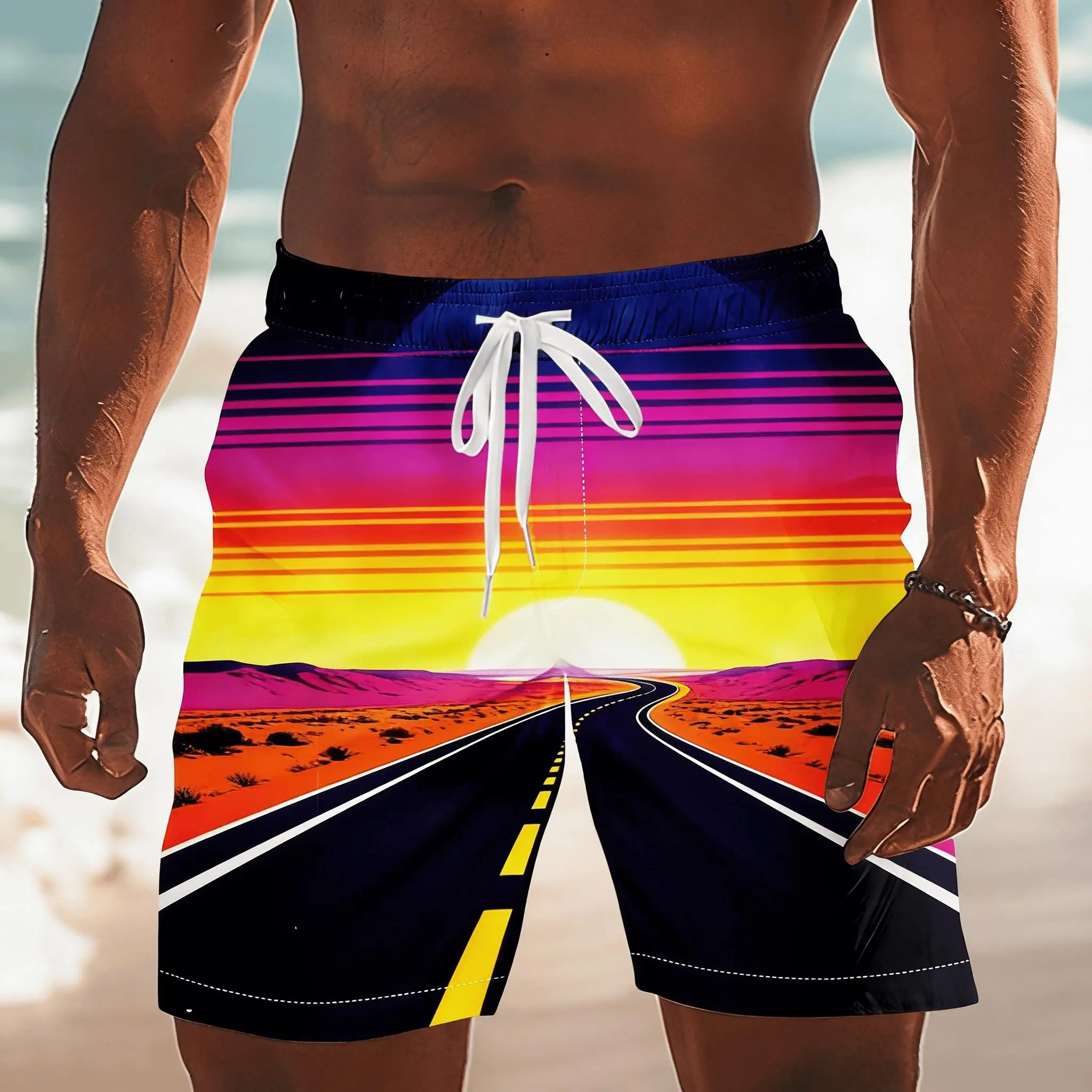 

Men's Gradient Sunset Print Drawstring Shorts, Spring Summer Retro Cyber Casual Shorts, Loose Beach Shorts