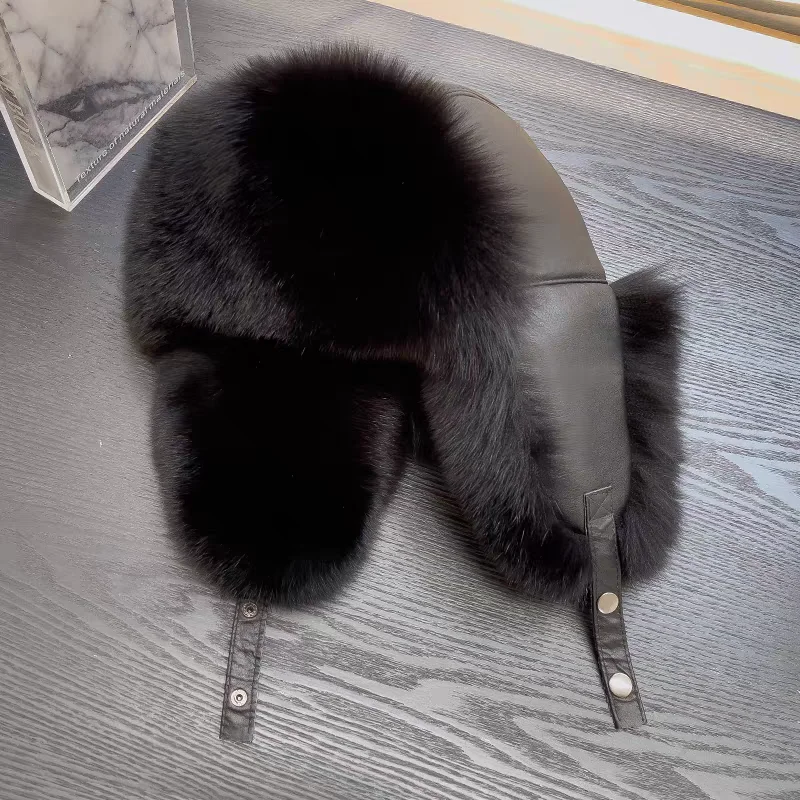 Classic Earflap Winter Warm Fox Fur Russian Bomber Hat for Men with Genuine Leather Top
