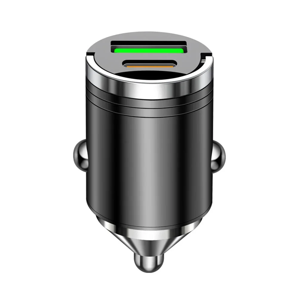 Mini-Dual-Port-USB-Autoladegerät mit schneller Ladeunterstützung für Mobiltelefone und Tablets, kompatibel mit 12V-24V-Fahrzeugen.