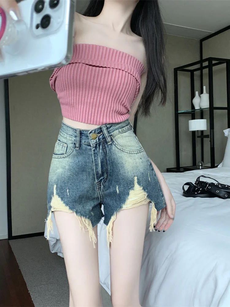 

Women Design Ripped Tassel Jean Shorts Denim Pants Harajuku Y2K Punk Style Trousers Streetwear