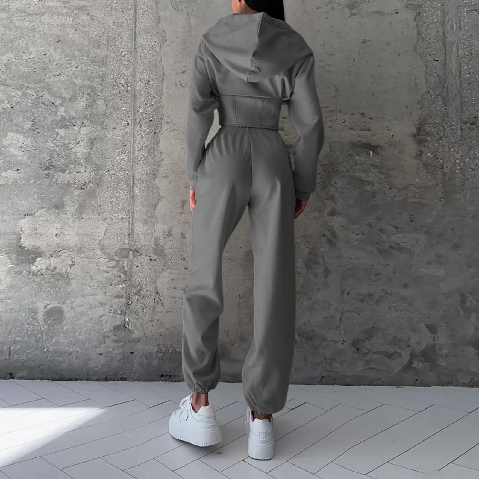 Women Solid Color Waist-cinching Hooded Sweatshirt Long Pants Set Ladies Autumn Winter Sporty Casual Hoodie Two-Piece Outfit