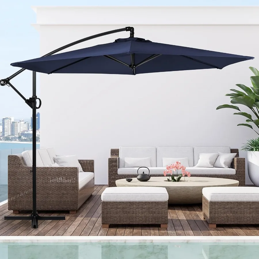 네이비 블루 색상의 야외 캔틸레버형 행잉 차양 캐노피용, 틸트 조절이 간편한 크랭크와 크로스 베이스가 있는 파티오 오프셋 우산